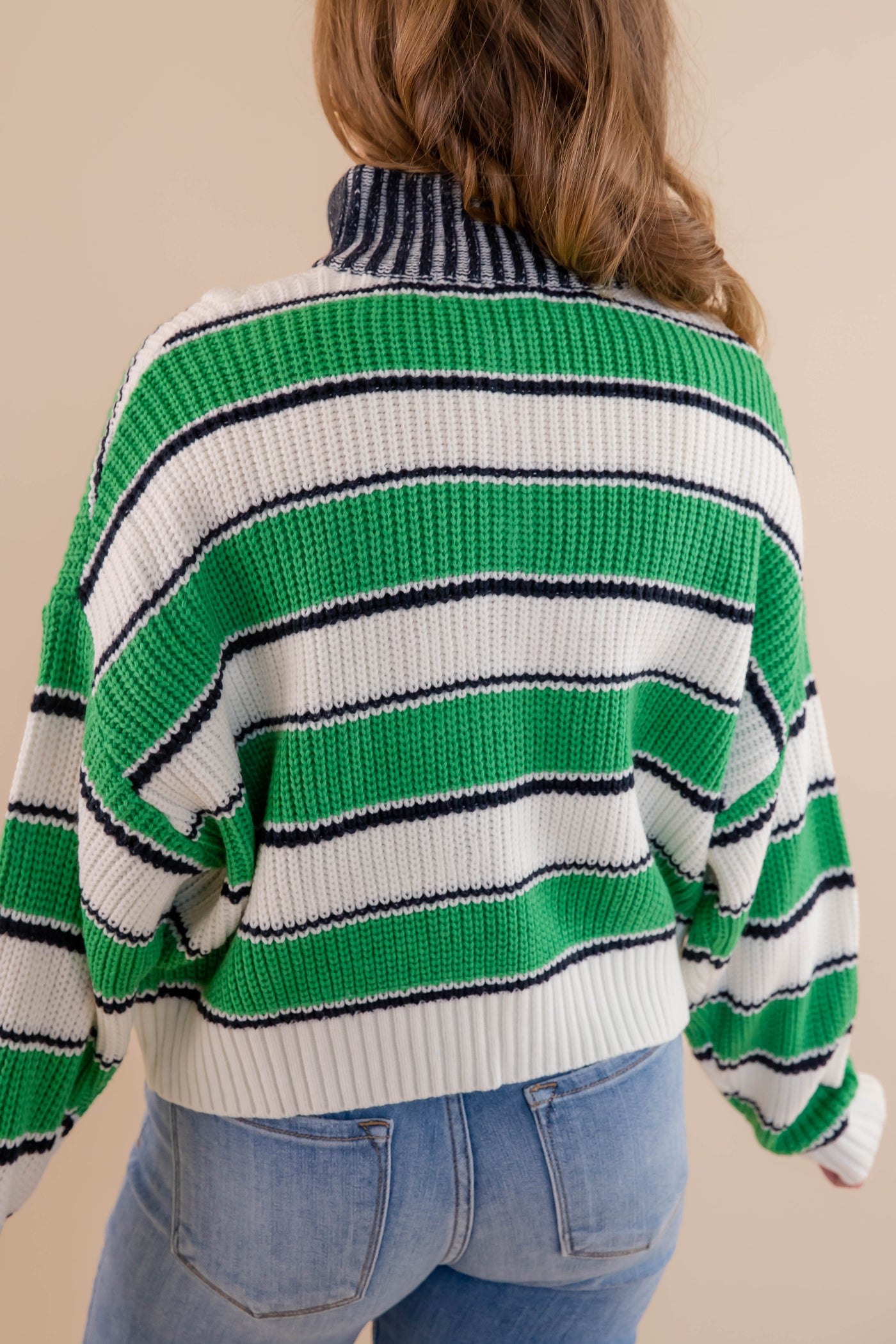 Green and White Striped Pullover- Women's Zipped Up Pullover- Creamon Green Striped Pullover