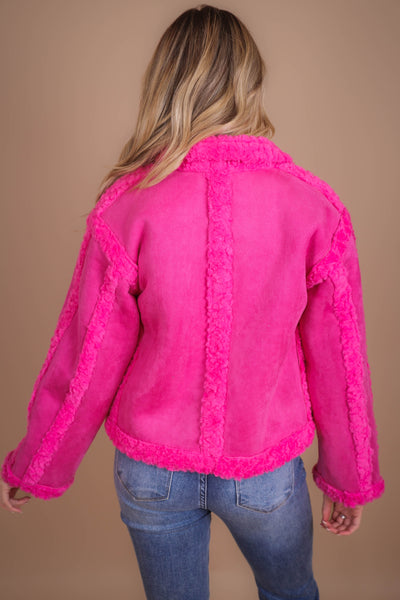 Women's Hot Pink Coat- Pink Faux Fur Coat- Strut & Bolt Jackets