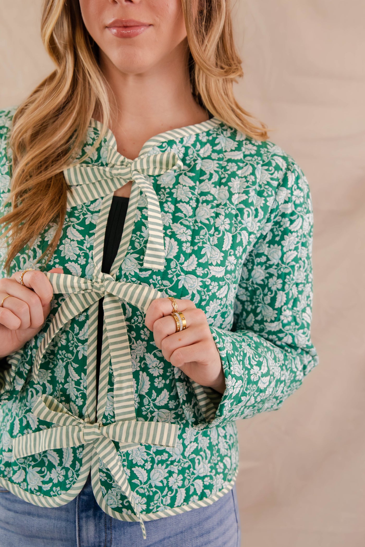 Green Floral Print Coat- Women's Floral Quilt Jacket- Bow Tie Quilted Jacket