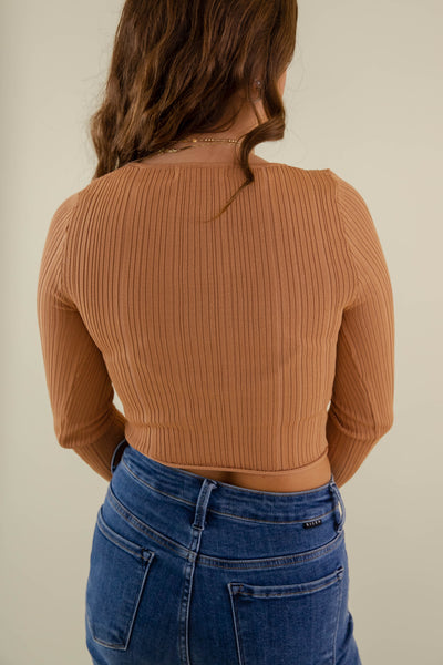 Women's Ribbed Knit Top- Brown Sweater Top- Women's Basic Fall Tops