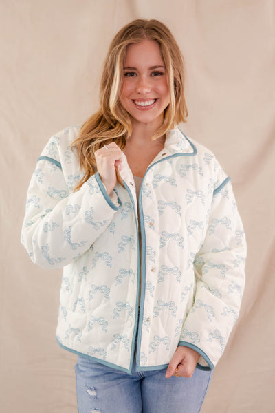 Quilted Blue Bow Jacket- Women's Ribbon Bow Jacket