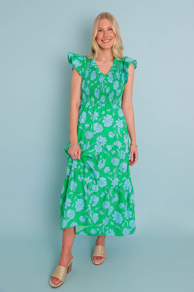 Women's Floral Smocked Midi Dress- Women's Green Floral Midi- Sugar Lips Midi Dress