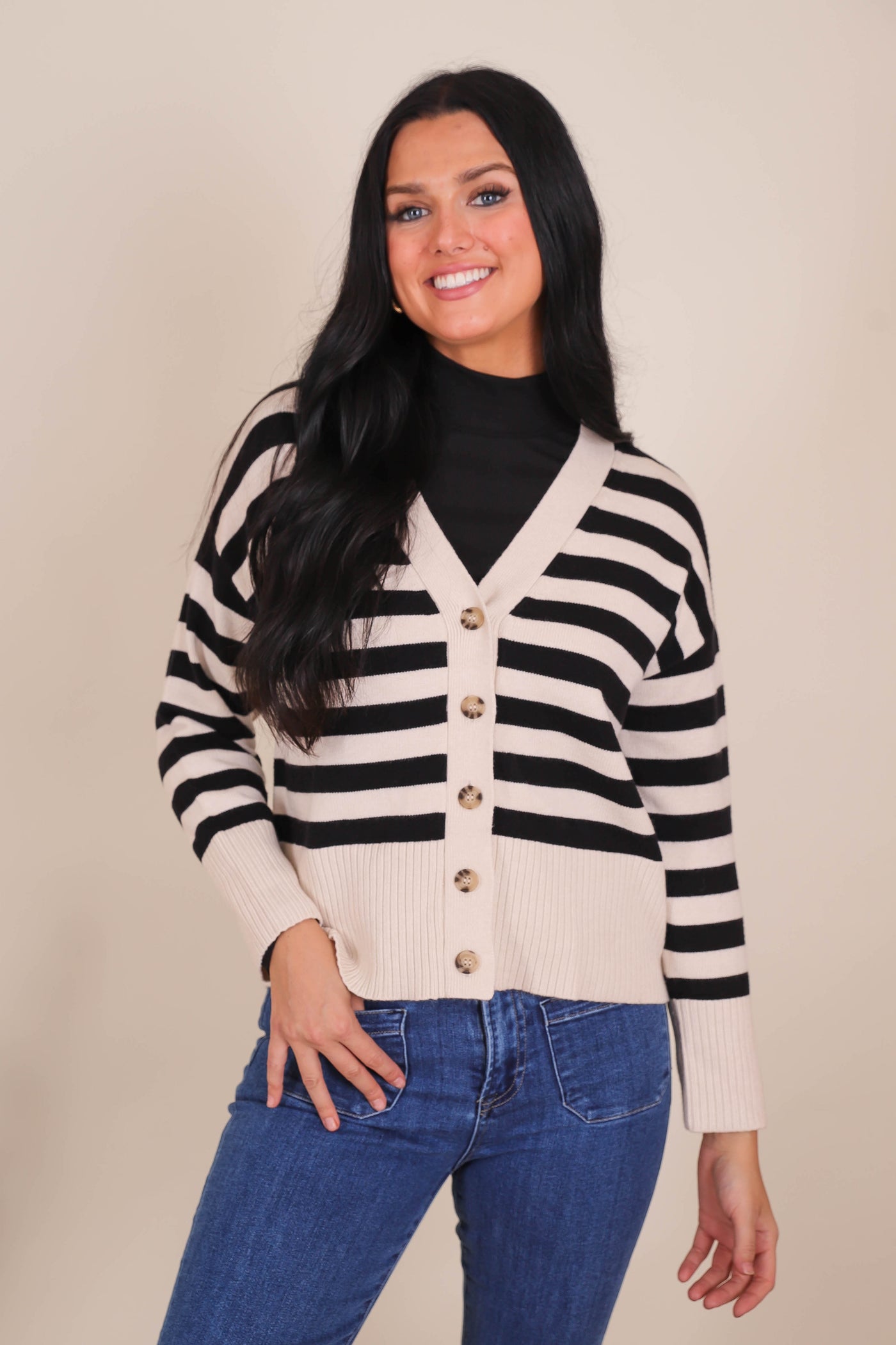 Women's Preppy Sweater Cardigan- Women's Black and White Stripe Cardigan- BluPepper Sweaters