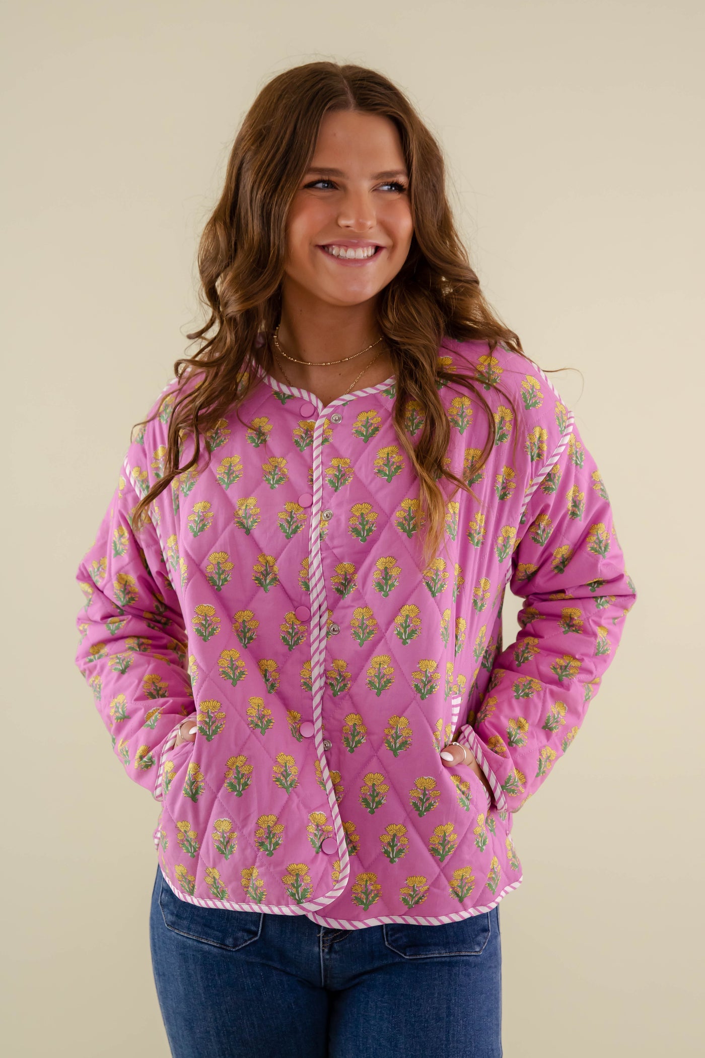 Pink Quilted Floral Jacket- Women's Vintage Inspired Quilted Jacket- Entro Quilted Jacket