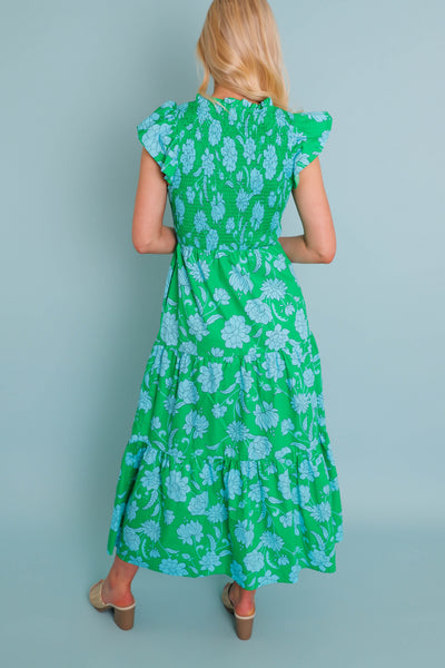 Women's Floral Smocked Midi Dress- Women's Green Floral Midi- Sugar Lips Midi Dress