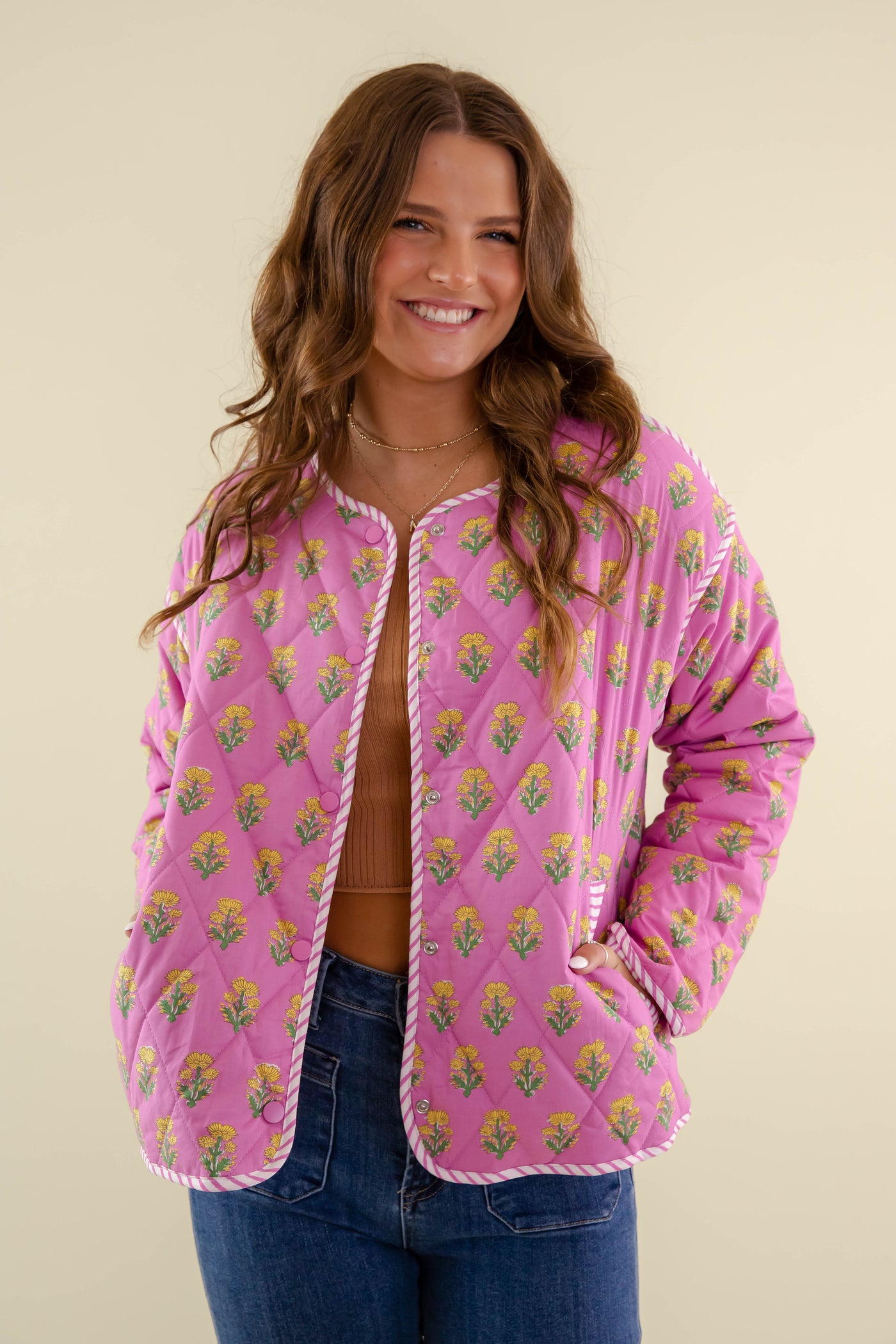 Pink Quilted Floral Jacket- Women's Vintage Inspired Quilted Jacket- Entro Quilted Jacket