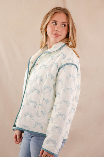 Quilted Blue Bow Jacket- Women's Ribbon Bow Jacket