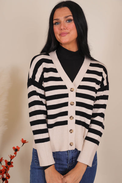 Women's Preppy Sweater Cardigan- Women's Black and White Stripe Cardigan- BluPepper Sweaters