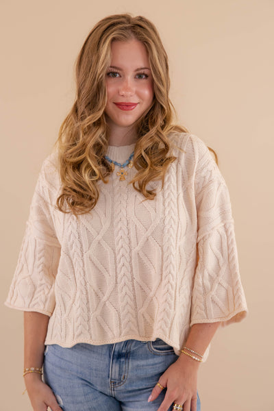 Cream Cable Knit Sweater- Light Weight Cable Knit Sweater- Entro Cable Knit Sweater
