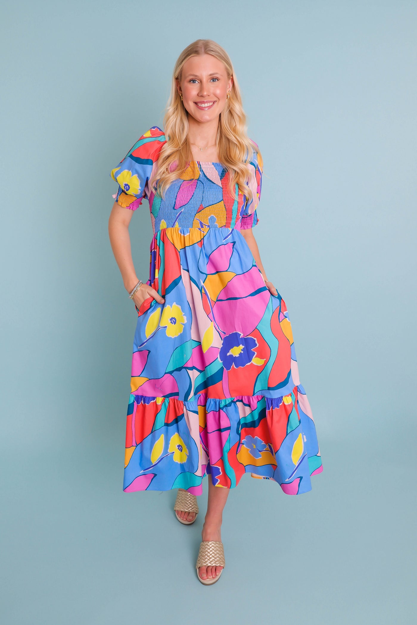 Women's Colorful Print Midi Dress- Women's Modest Dresses- Fun Colorful Dress For Women