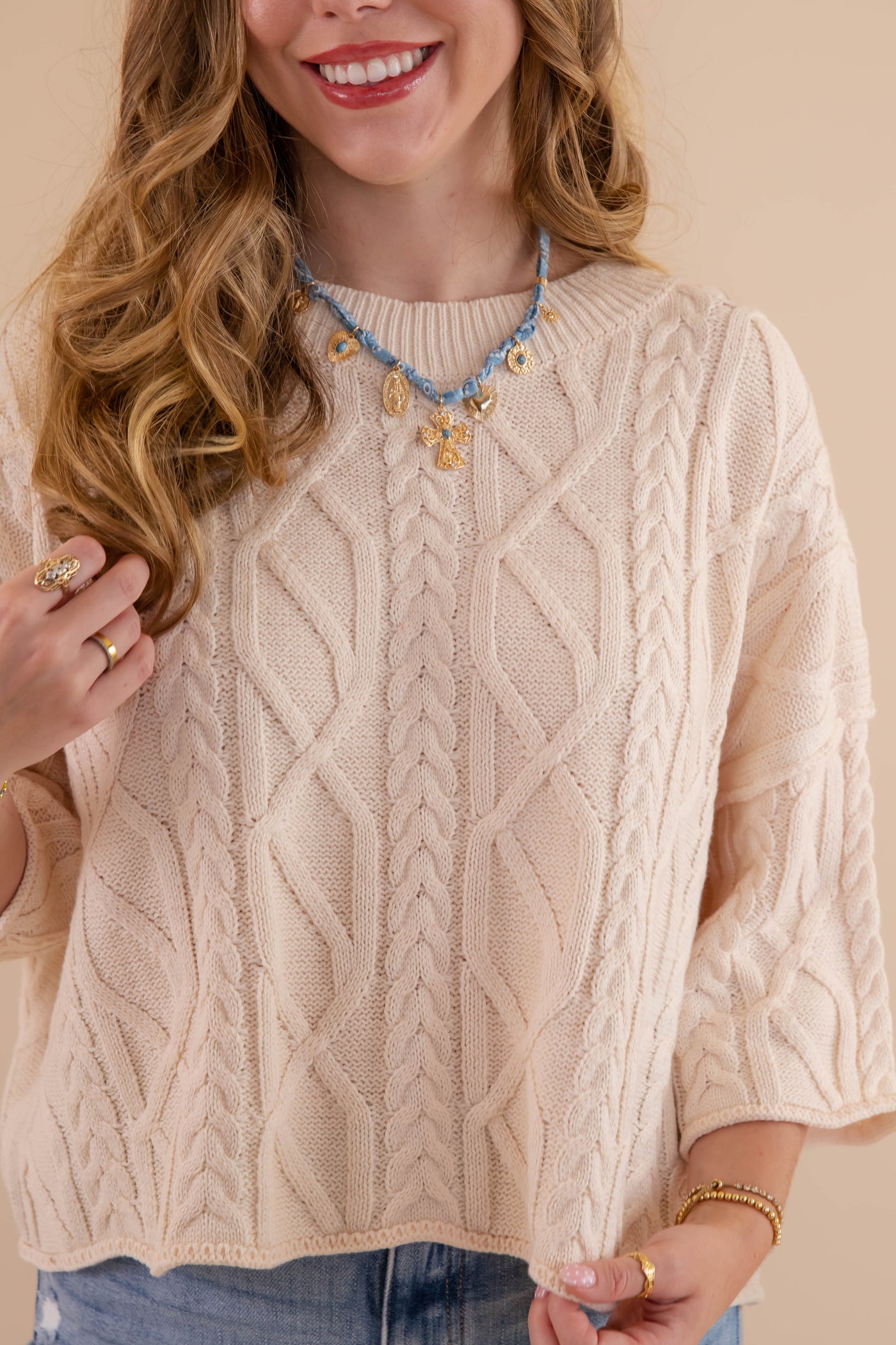 Cream Cable Knit Sweater- Light Weight Cable Knit Sweater- Entro Cable Knit Sweater