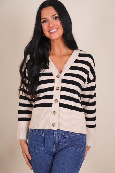 Women's Preppy Sweater Cardigan- Women's Black and White Stripe Cardigan- BluPepper Sweaters