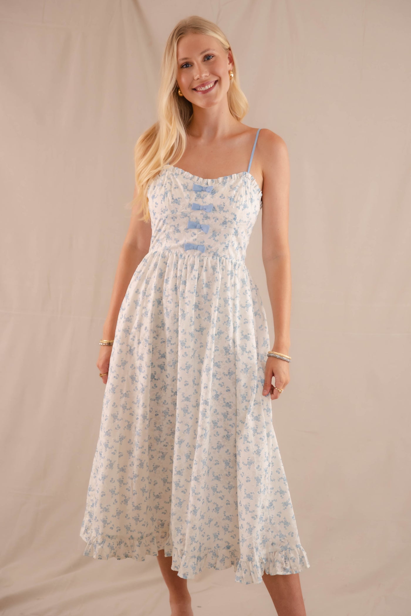 Ditzy Blue Floral Print Midi- Women's Bow Midi Dress- Cottagecore Dresses