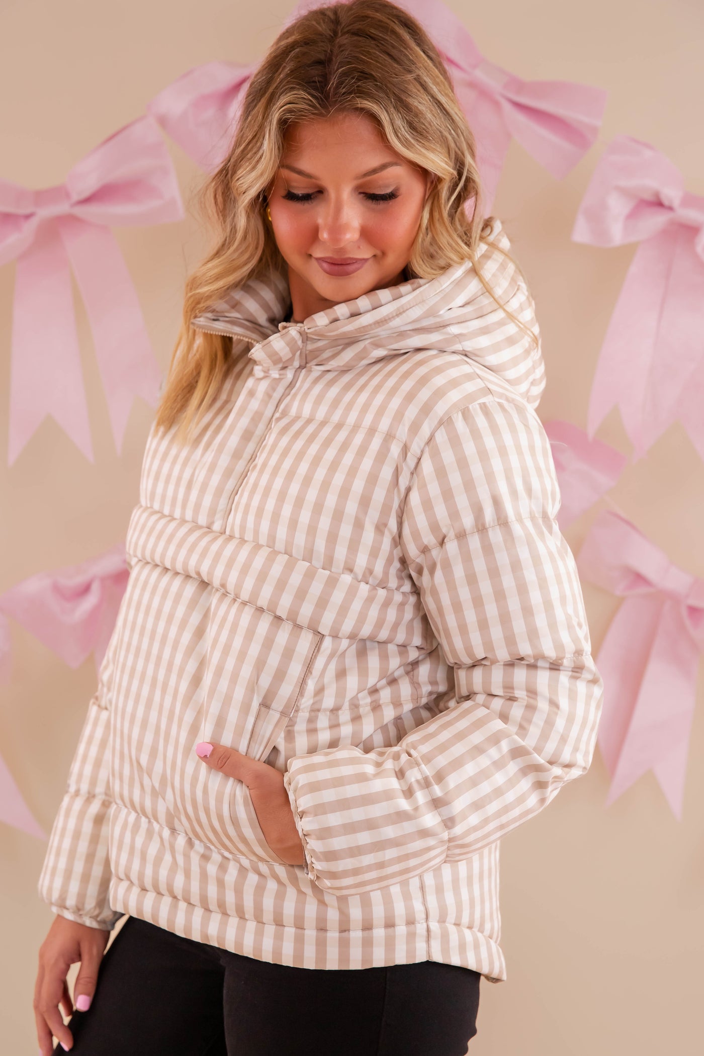 Gingham Puffer Pullover- Classic Beige Gingham Pullover- TCEC Gingham Puffer Jacket