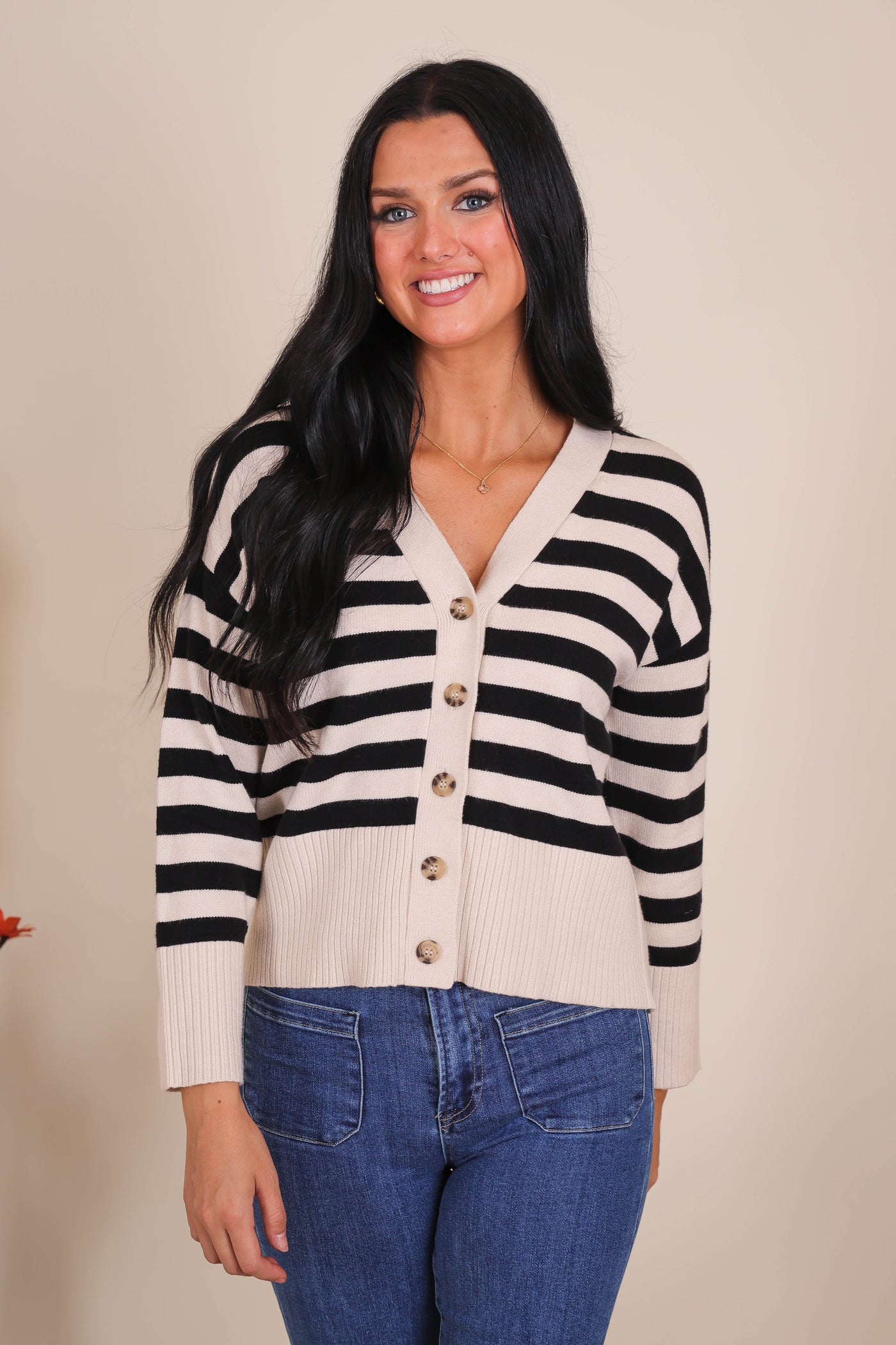 Women's Preppy Sweater Cardigan- Women's Black and White Stripe Cardigan- BluPepper Sweaters