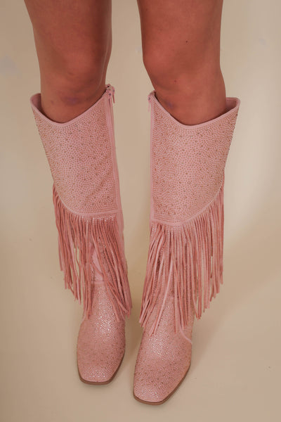 Women's Pink Rhinestone Fringe Boots- Tall Rhinestone Fringe Boots- Pierre Dumas Rhinestone Pink Boots