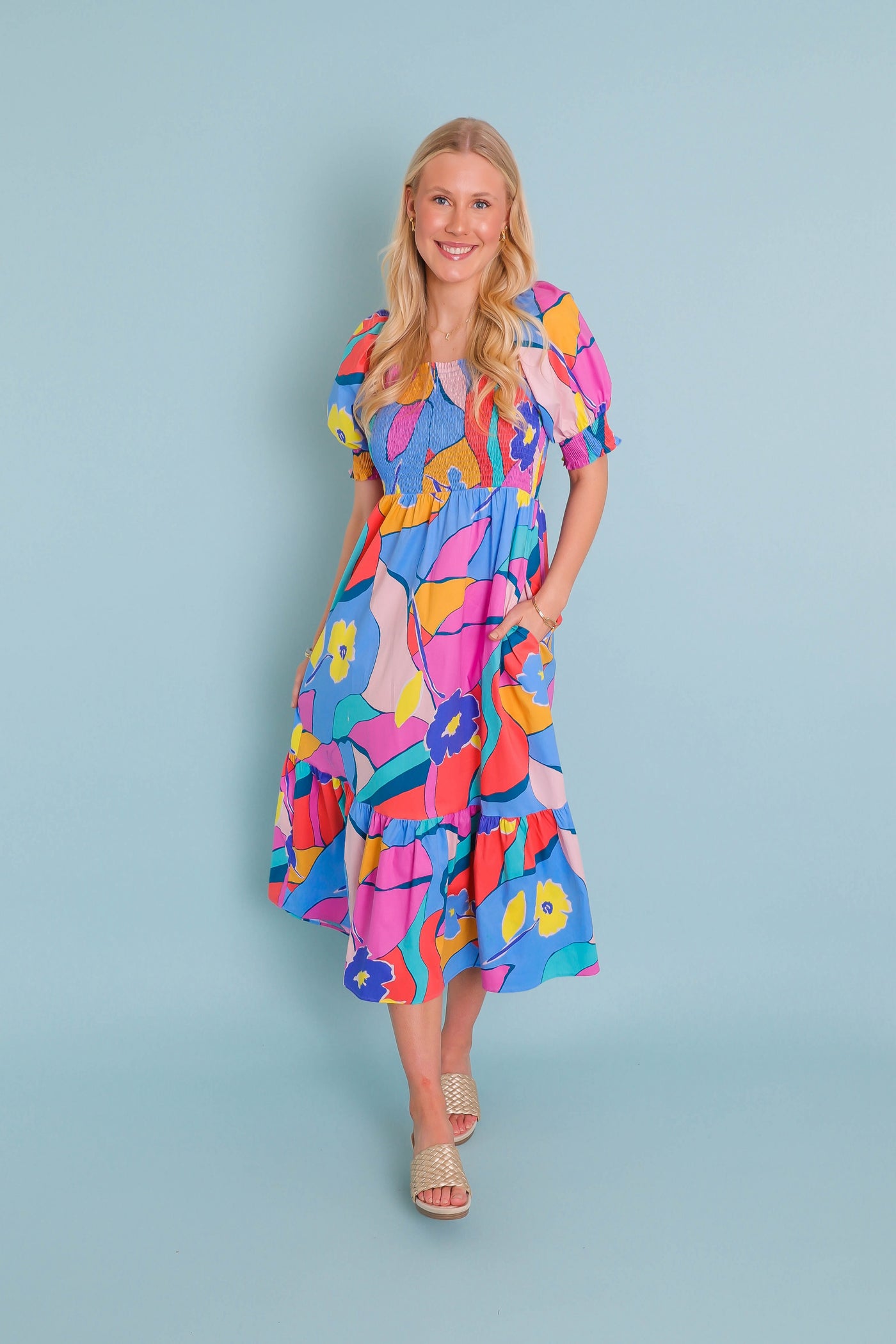 Women's Colorful Print Midi Dress- Women's Modest Dresses- Fun Colorful Dress For Women