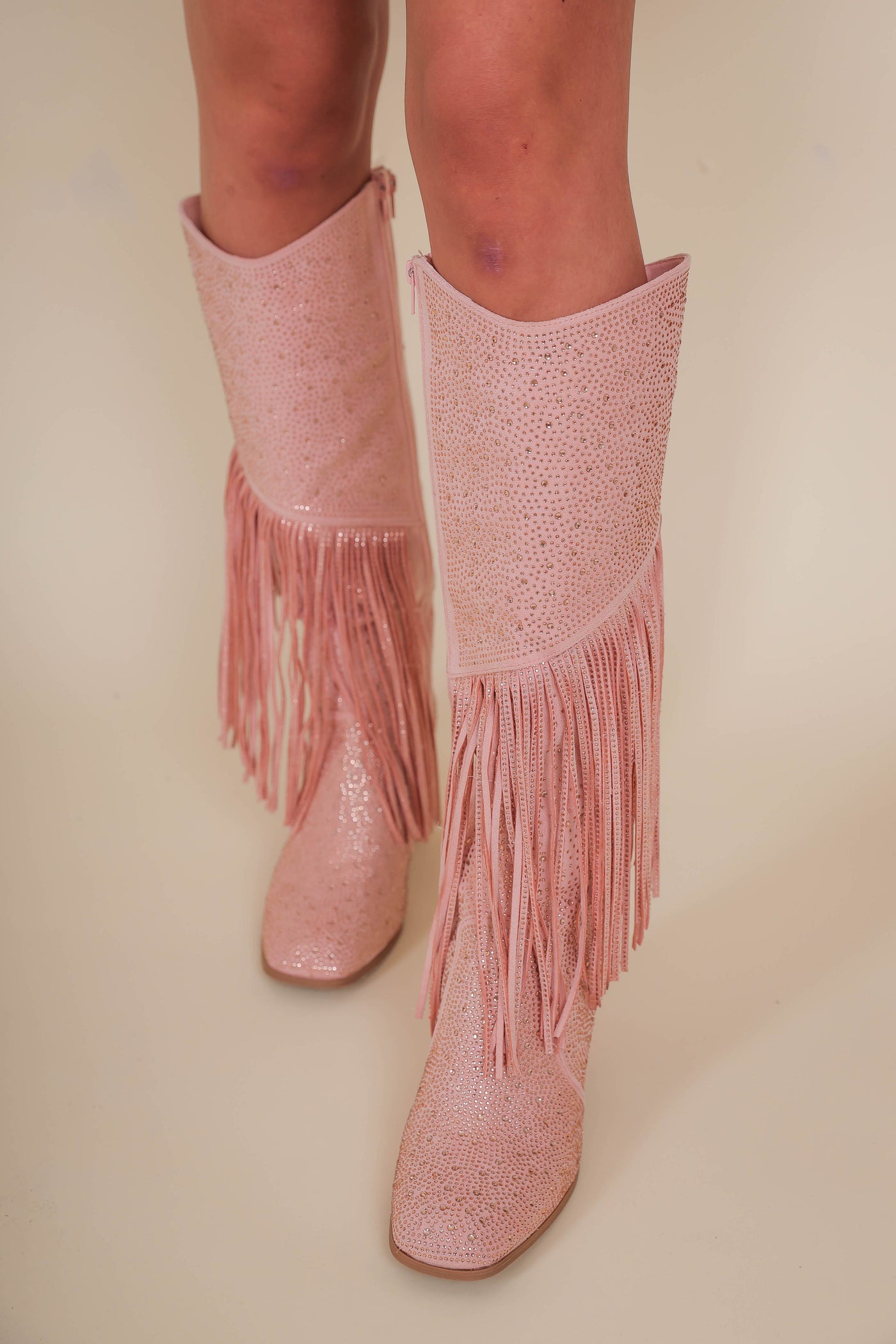 Women's Pink Rhinestone Fringe Boots- Tall Rhinestone Fringe Boots- Pierre Dumas Rhinestone Pink Boots