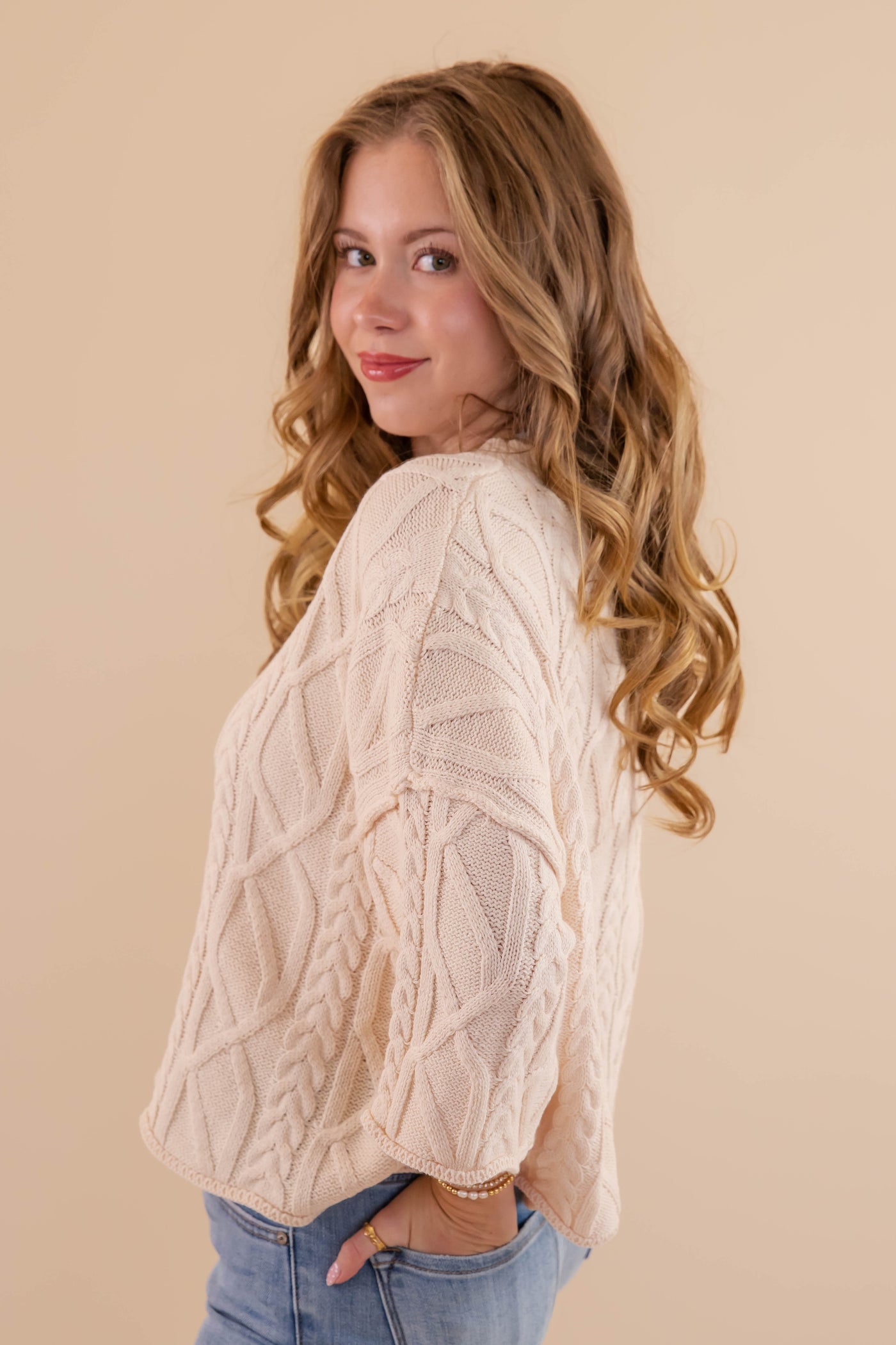 Cream Cable Knit Sweater- Light Weight Cable Knit Sweater- Entro Cable Knit Sweater