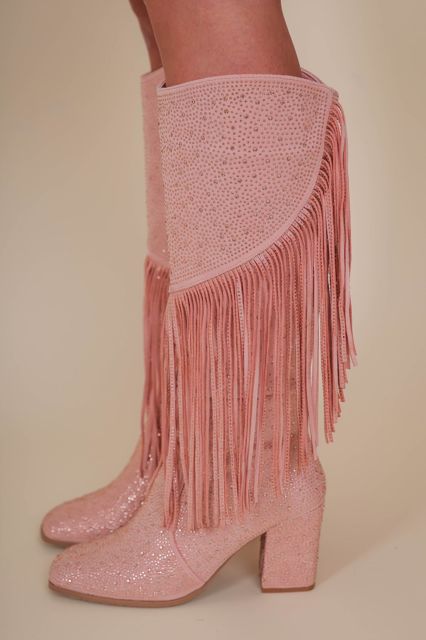 Women's Pink Rhinestone Fringe Boots- Tall Rhinestone Fringe Boots- Pierre Dumas Rhinestone Pink Boots