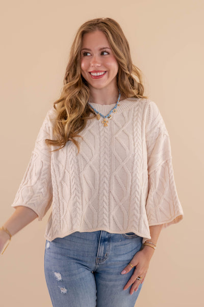 Cream Cable Knit Sweater- Light Weight Cable Knit Sweater- Entro Cable Knit Sweater