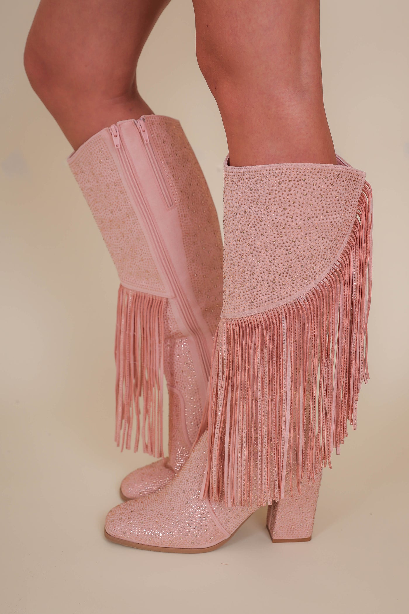 Women's Pink Rhinestone Fringe Boots- Tall Rhinestone Fringe Boots- Pierre Dumas Rhinestone Pink Boots