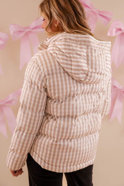 Gingham Puffer Pullover- Classic Beige Gingham Pullover- TCEC Gingham Puffer Jacket