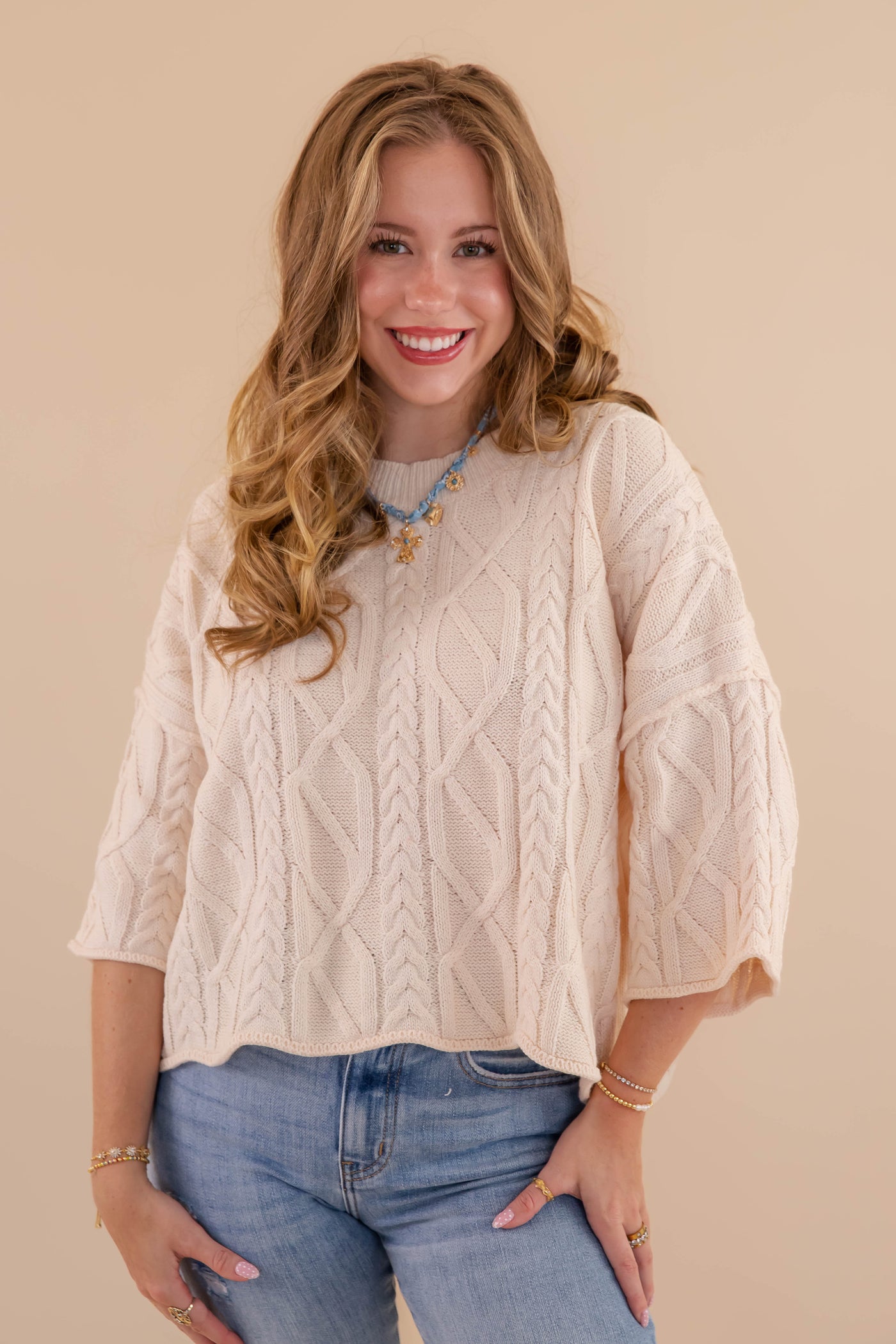 Cream Cable Knit Sweater- Light Weight Cable Knit Sweater- Entro Cable Knit Sweater