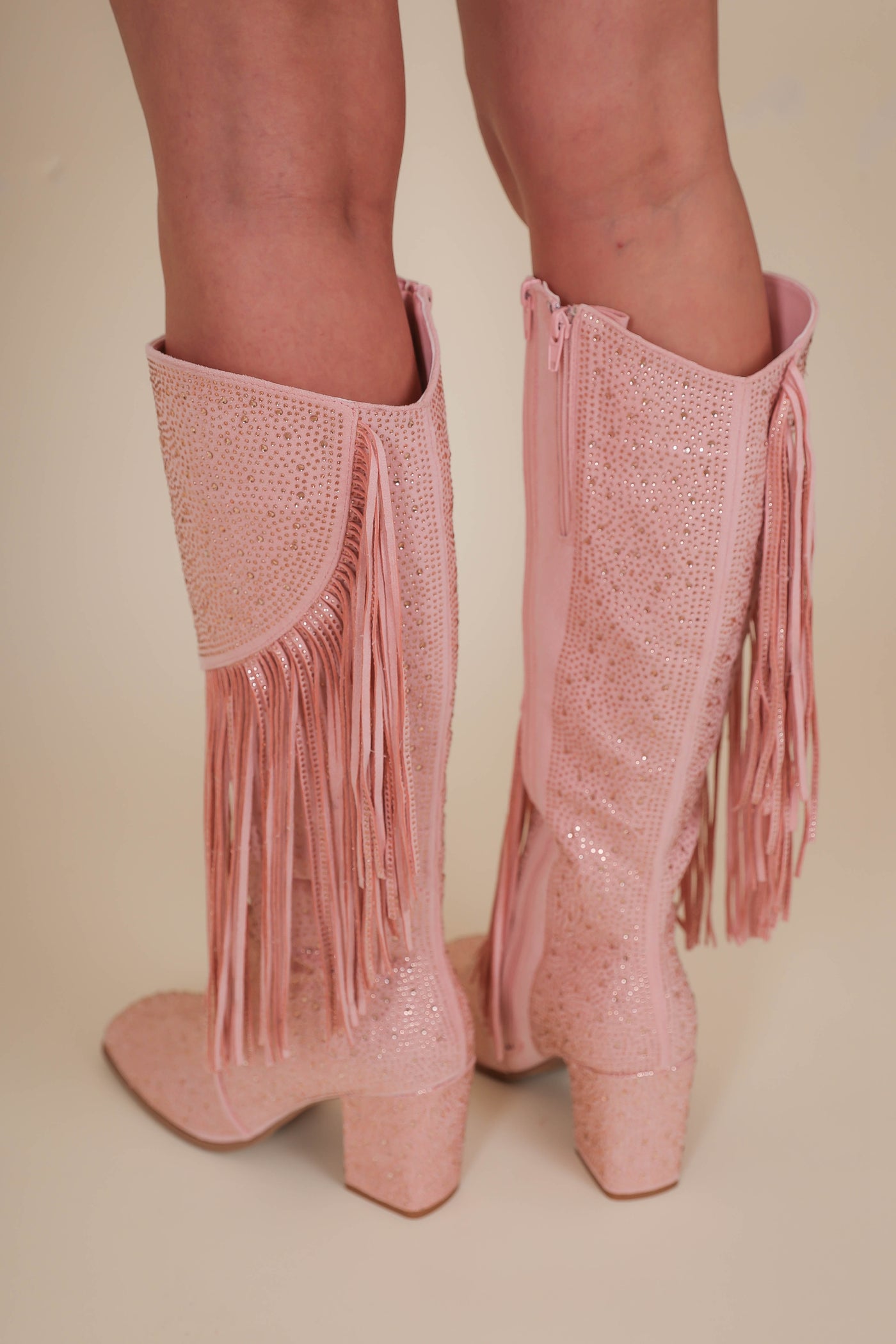 Women's Pink Rhinestone Fringe Boots- Tall Rhinestone Fringe Boots- Pierre Dumas Rhinestone Pink Boots