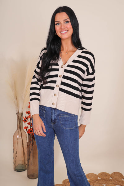 Women's Preppy Sweater Cardigan- Women's Black and White Stripe Cardigan- BluPepper Sweaters