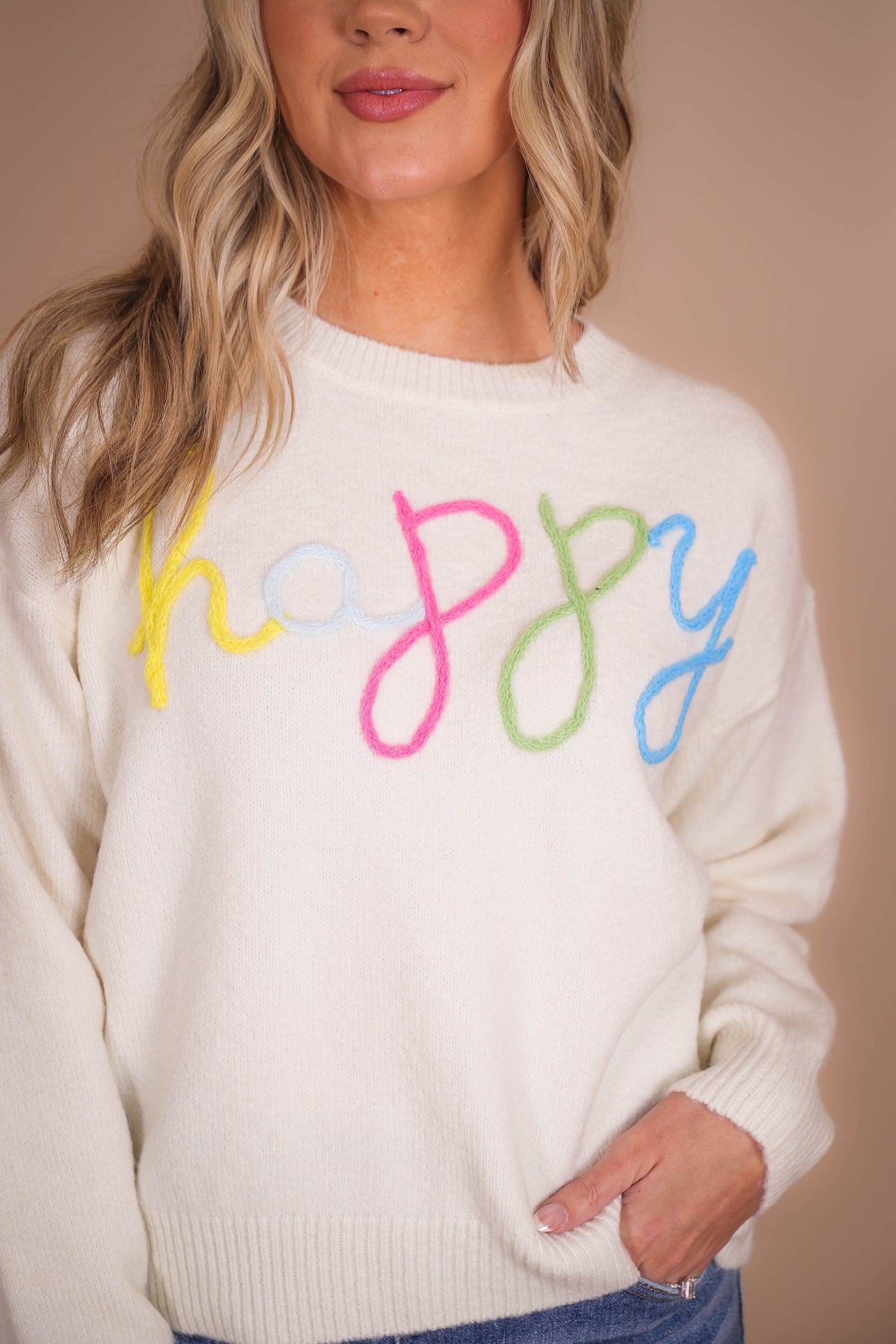 HAPPY Knit Sweater- Rainbow Happy Sweater- Cozy White Sweater