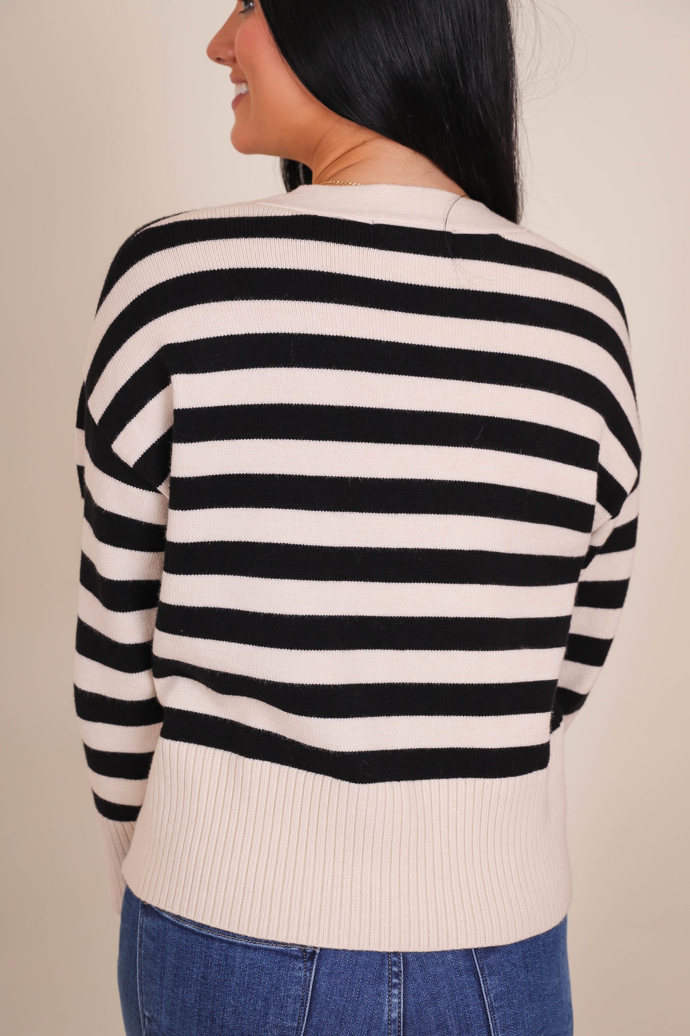 Women's Preppy Sweater Cardigan- Women's Black and White Stripe Cardigan- BluPepper Sweaters