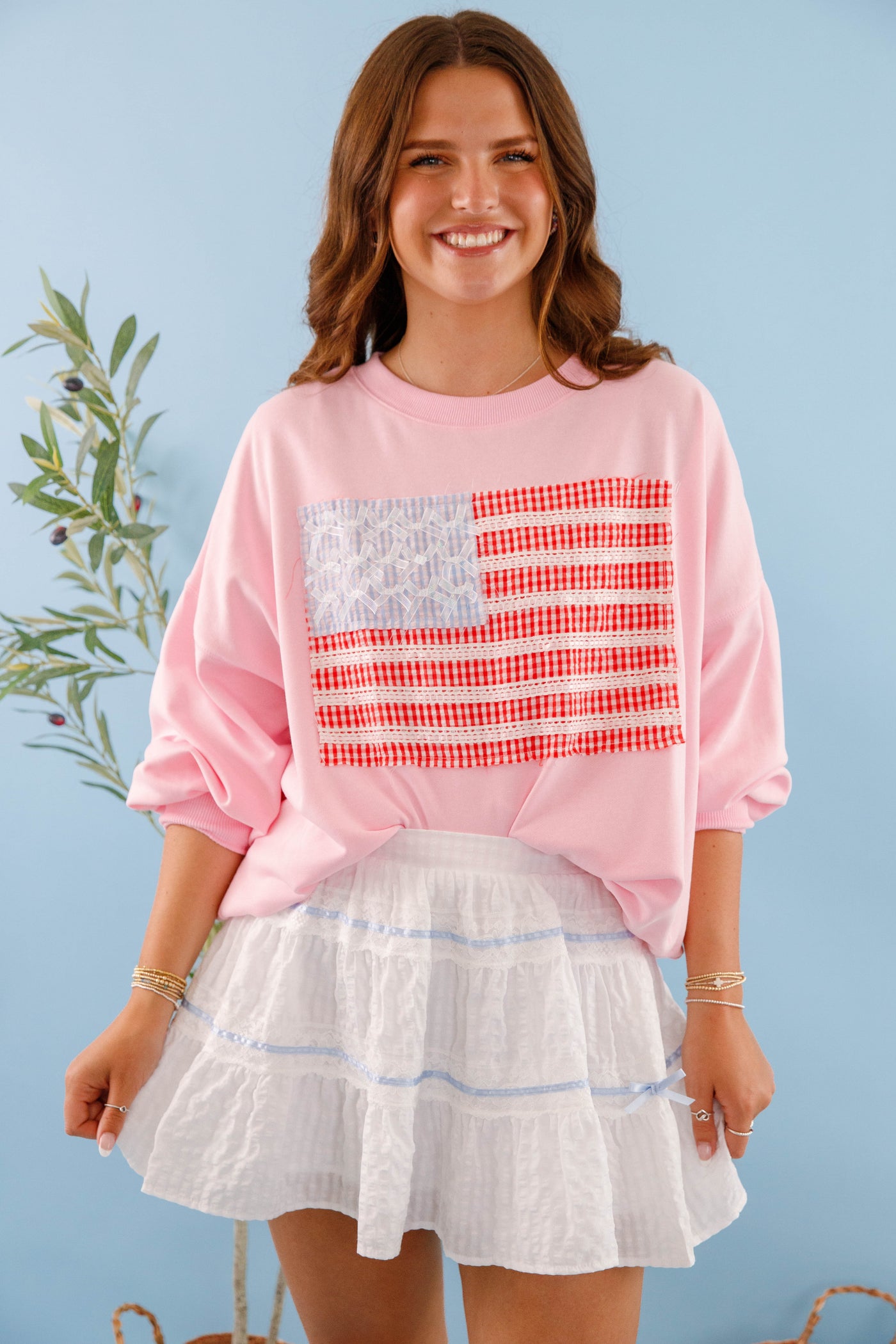 White Ruffle Mini Skirt- Women's White and Blue Ribbon Mini Skirt