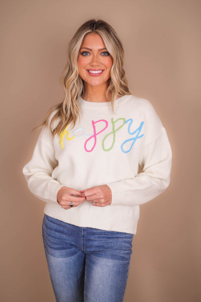 HAPPY Knit Sweater- Rainbow Happy Sweater- Cozy White Sweater