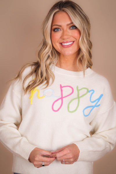 HAPPY Knit Sweater- Rainbow Happy Sweater- Cozy White Sweater