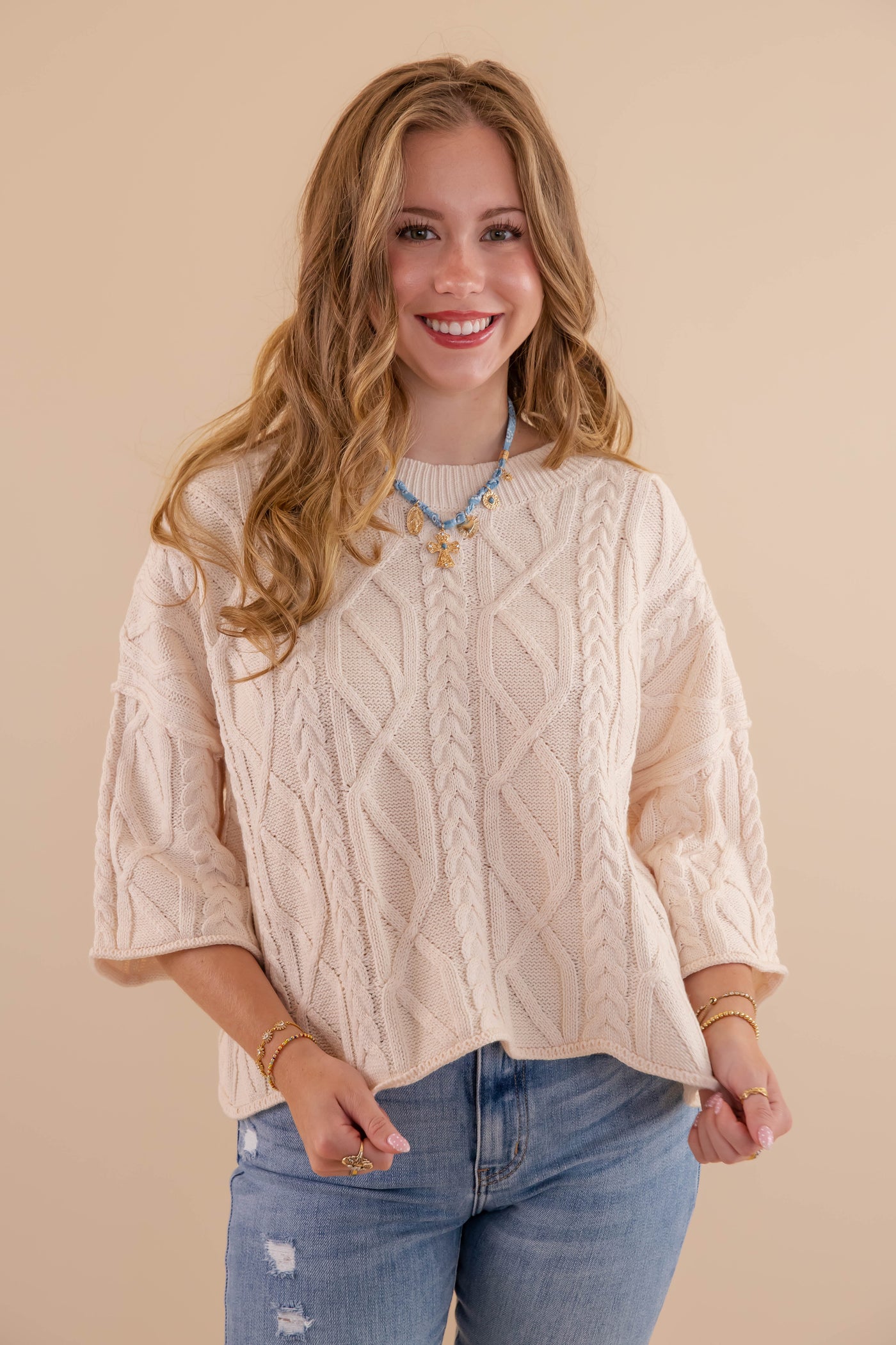 Cream Cable Knit Sweater- Light Weight Cable Knit Sweater- Entro Cable Knit Sweater