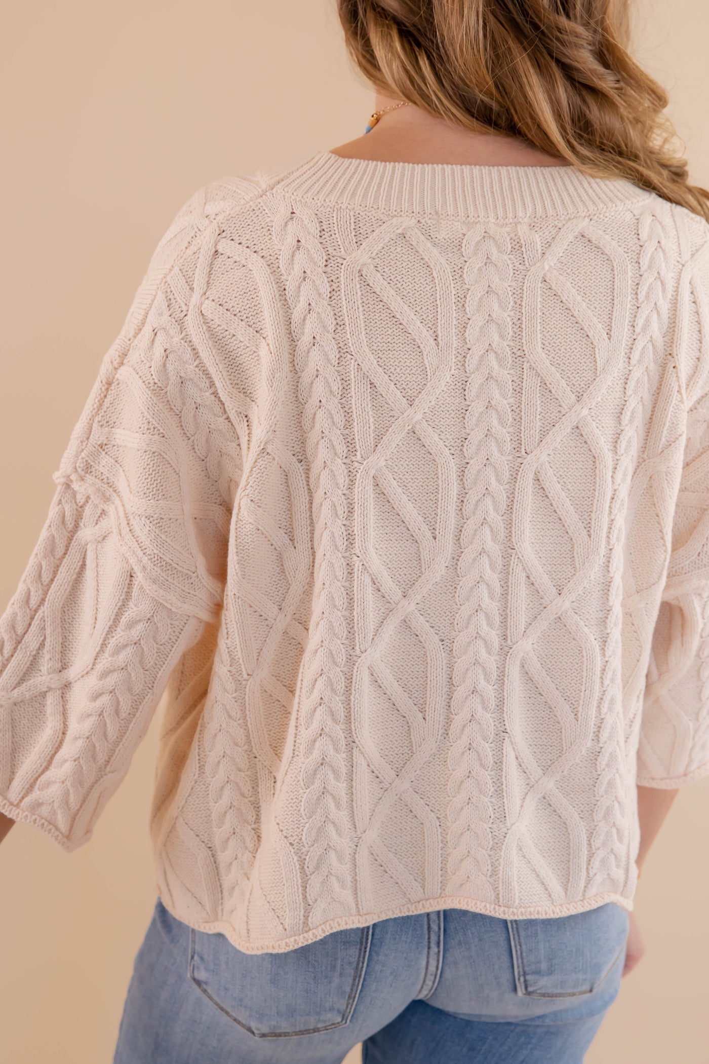 Cream Cable Knit Sweater- Light Weight Cable Knit Sweater- Entro Cable Knit Sweater