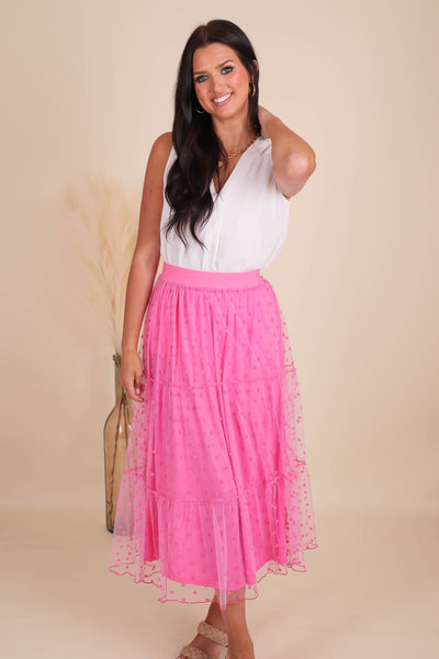 Tulle Polkadot Skirt- Women's Hot Pink Maxi Skirt- Women's Preppy Outfits