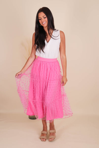 Tulle Polkadot Skirt- Women's Hot Pink Maxi Skirt- Women's Preppy Outfits