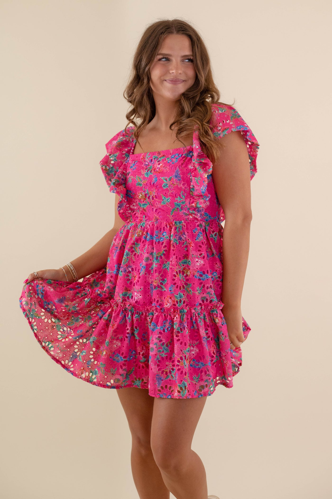 Women's Pink Eyelet Dress- Colorful Summer Dresses- Women's Floral Print Dress