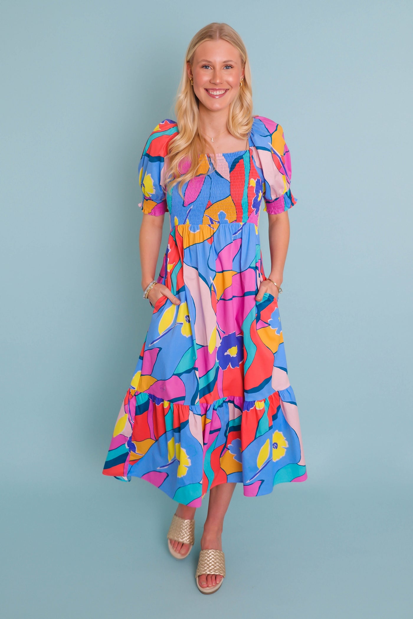 Women's Colorful Print Midi Dress- Women's Modest Dresses- Fun Colorful Dress For Women