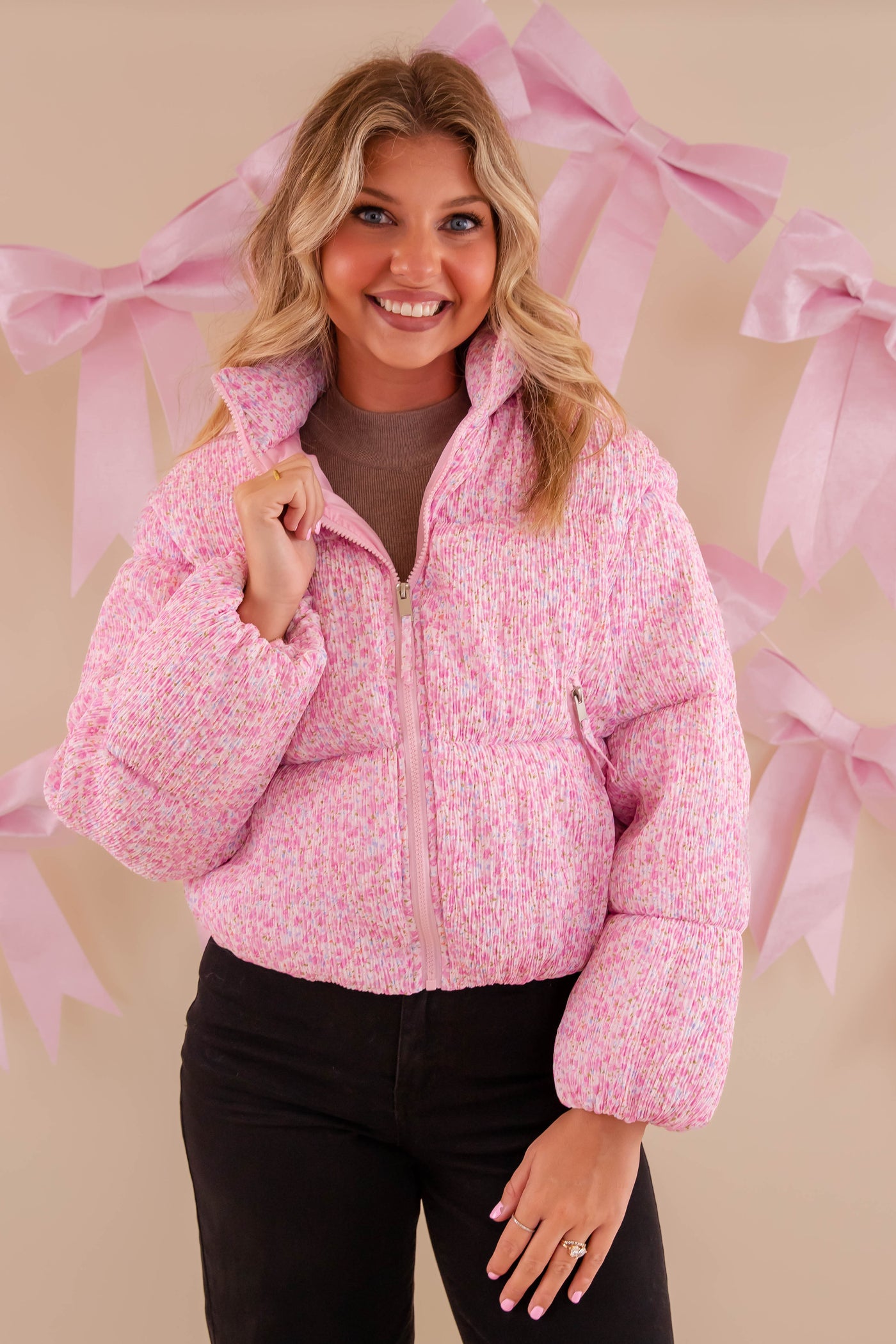 Pink Floral Puffer Jacket- Women's Preppy Floral Puffer Coat- TCEC Floral Puffer Jacket