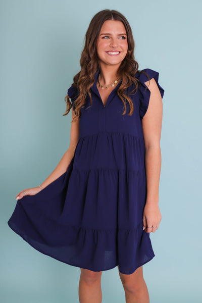 Solid Navy Dress For Women- Flutter Sleeve Navy Dress- Umgee Dresses