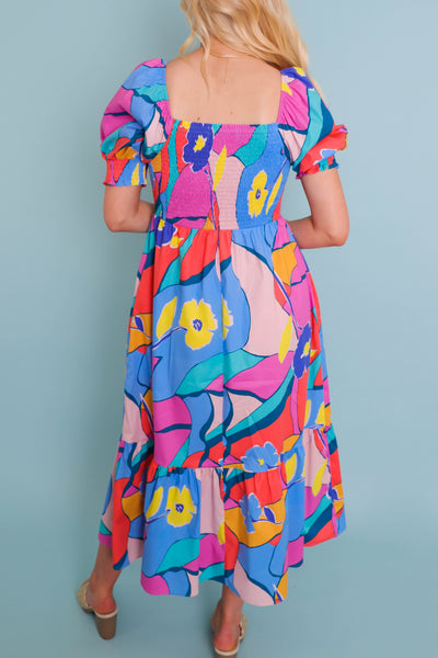 Women's Colorful Print Midi Dress- Women's Modest Dresses- Fun Colorful Dress For Women