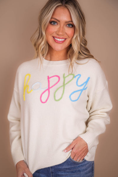 HAPPY Knit Sweater- Rainbow Happy Sweater- Cozy White Sweater