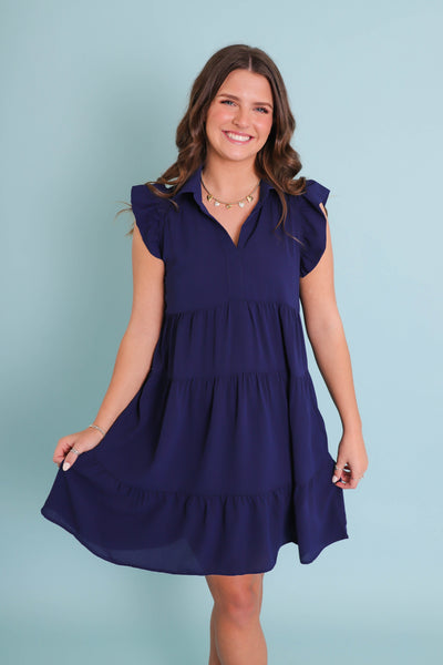 Solid Navy Dress For Women- Flutter Sleeve Navy Dress- Umgee Dresses