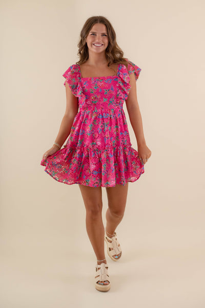 Women's Pink Eyelet Dress- Colorful Summer Dresses- Women's Floral Print Dress