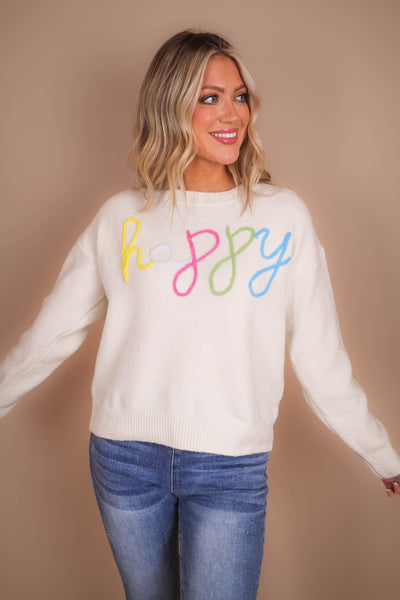 HAPPY Knit Sweater- Rainbow Happy Sweater- Cozy White Sweater