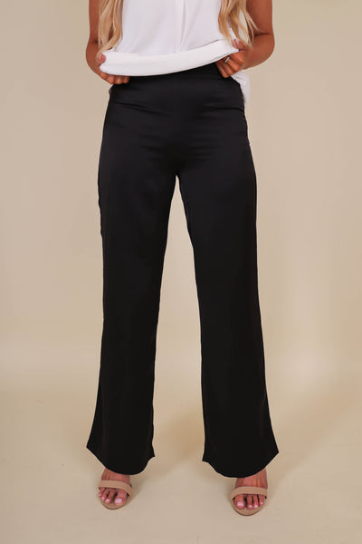 Black Satin Wide Leg Pants- Women's Satin Pants- GLAM Black Satin Pants