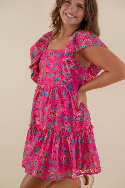 Women's Pink Eyelet Dress- Colorful Summer Dresses- Women's Floral Print Dress